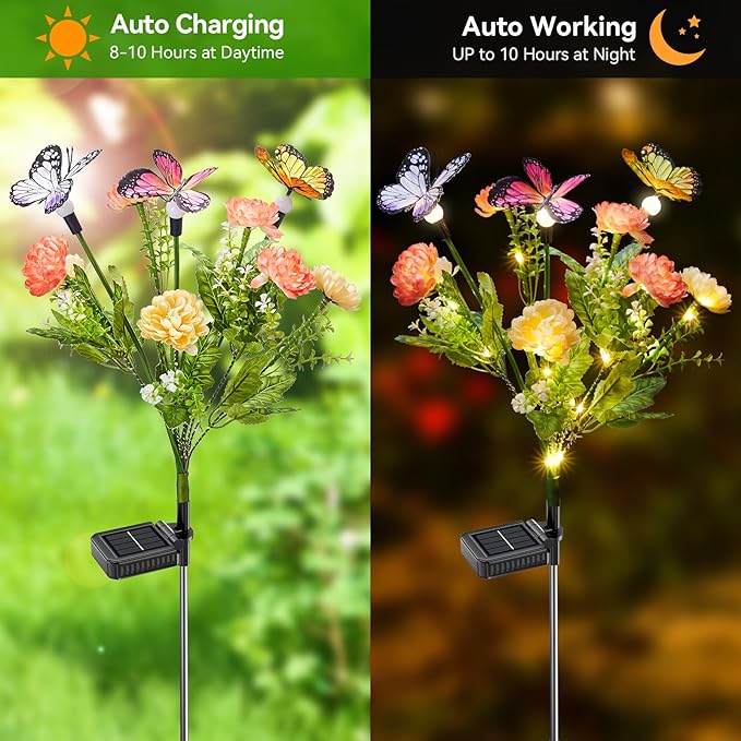 Solar Flowers Lights Outdoor Waterproof, 3 Pack 2 in 1 Solar Butterfly Bouquet for Garden Decor, LED Warm Lighting Garden Lights Outdoor for Pathway Yard Patio Decoration