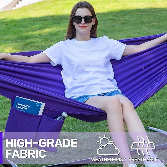 PNAEUT Double Hammocks with Stand for Outside, Portable Space Saving Heavy-Duty Steel Stand for Indoor Outdoor Patio with Carrying Bag, 450 lbs Capacity (Purple)