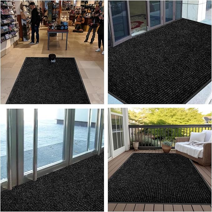fani Heavy Duty Large Outdoor Indoor Entrance Black Doormat Waterproof Low Profile Entrance Rug Front Door Mat Patio Anti-Skid Rubber Back, 48x120 inch (Black)