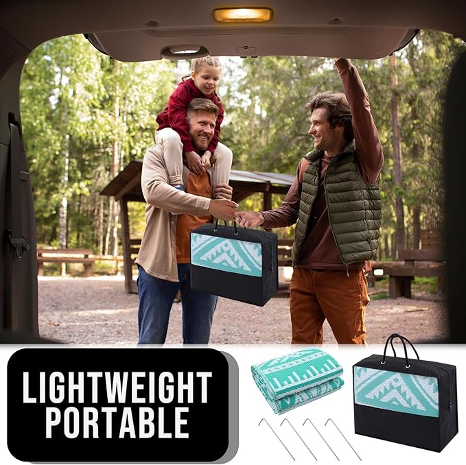 OLANLY Outdoor Rug Waterproof 10x14 ft, Reversible Outdoor Plastic Straw Rug, Boho Patio Rug, Indoor Outdoor Carpet, RV Mat Outside for Patio, Camp, Picnic, Balcony, Deck, Backyard, Turquoise & White