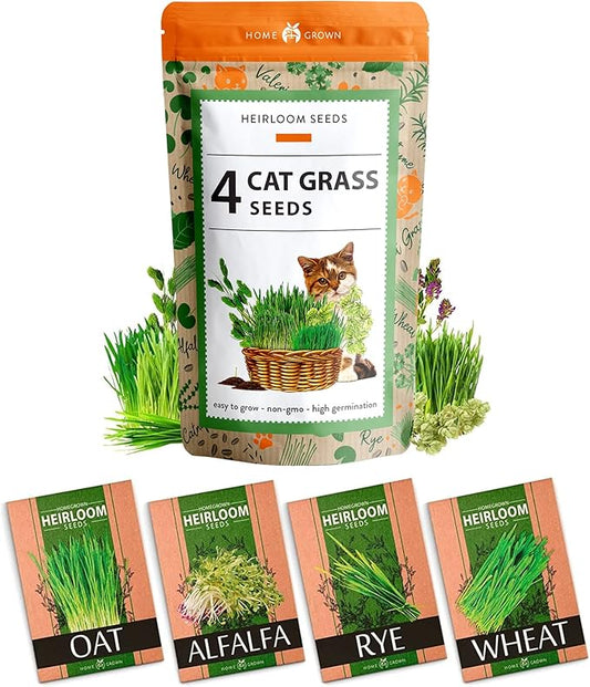 HOME GROWN Cat Grass Seed Mix – Non-GMO Oat, Alfalfa, Rye & Wheat Seeds for Cats | Indoor Pet Grass with Fast Germination | Digestive Aid, Hairball Relief & Safe Chew Alternative