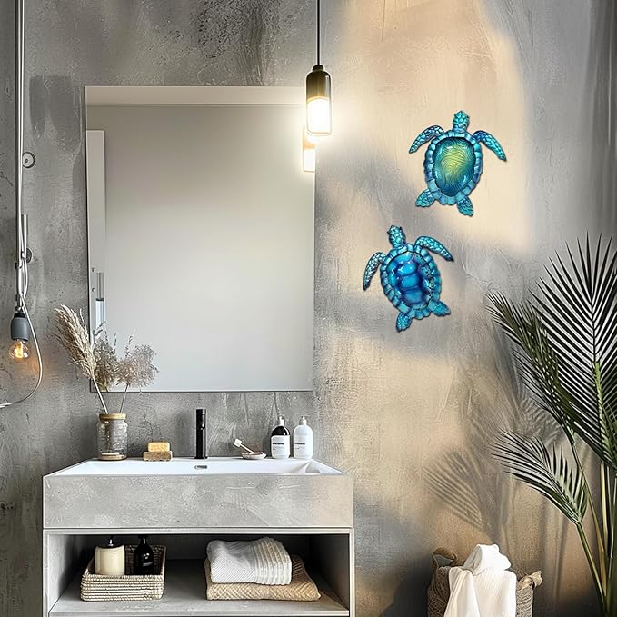 LIFFY Metal Turtle Wall Art Decor Ocean Wall Hanging Coastal Wall Sculptures Beach Theme Wall Decoration for Indoor Outdoor Bathroom Beach Garden Pool (10", 2 pcs)