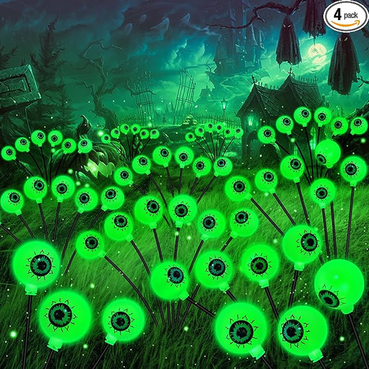 Solar Halloween Decorations, 4 Pack 24 LED Spooky Eyeball Lights, Green Eyeball Swaying Firefly Lights,Waterproof Solar Halloween Path Lights for Yard Garden Lawn Party Decor