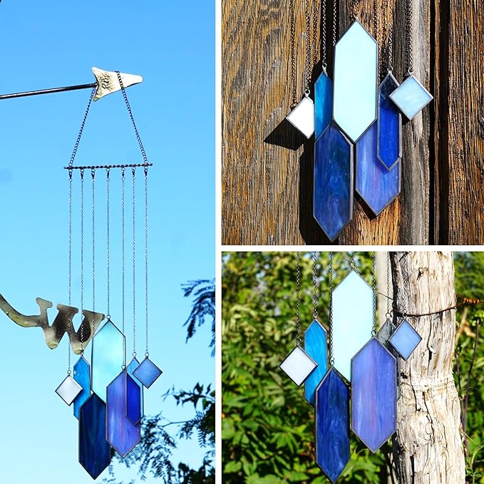Stained Glass Window Hanging Sun Catcher - Blue Wall Art, Earth Tones Modern Design, Fully Assembled, Ready to Hang, Home or Garden Decor