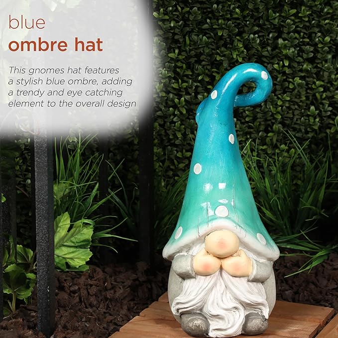 Alpine Corporation 17” Tall Outdoor Garden Gnome Yard Decoration - Speak No Evil Statue - Gnome with Turqoise Polka Dot Hat – Durable, Weatherproof Décor for Patio & Deck