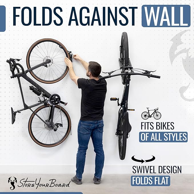 StoreYourBoard Bike Swivel Rack – Wall Mounted Garage Bike Storage, Vertical Hanger with 120° Swing Design & Stopper, Space-Saving Indoor Wall Mount – Fits Kids Bikes, BMX & More