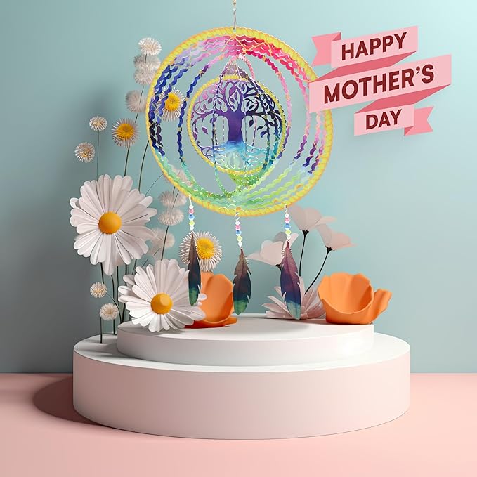 VP Home Tree of Life Dreamcatcher with Feathers Kinetic Wind Spinners - Native American Garden Decor - Sculpture Spinner for Yard and Garden Outdoor - Metal Large Hanging Dreamcatcher - 10"W x 16.5"H