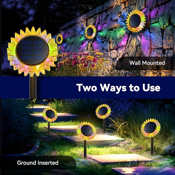 Outdoor Solar Lights, 2 Pack Led Solar Sunflower Lights, Stake/Wall 2-in-1 Waterproof Solar Garden Lights for Yard, Landscape, Fence, Patio, Driveway, Pathway, Backyard Decoration (Colourful)