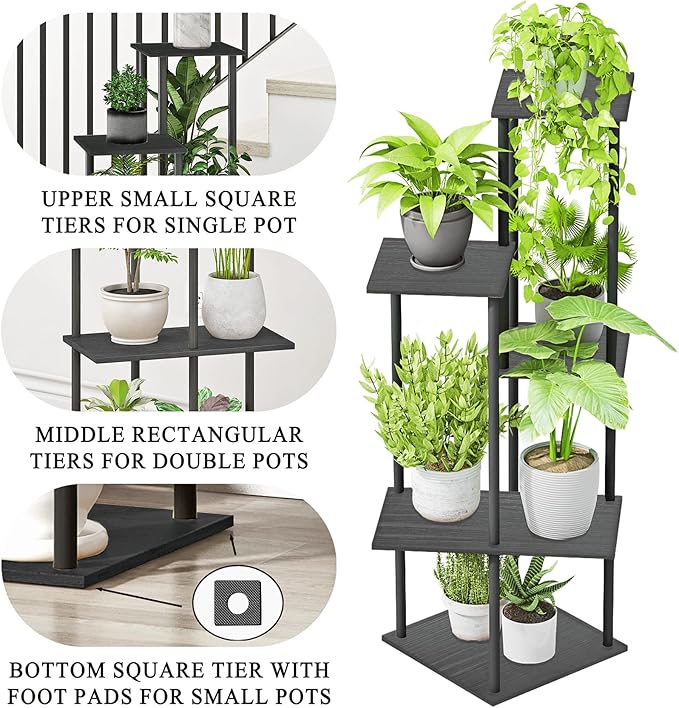 Plant Stand Indoor 5-Tier Metal Wood Plant Shelf for Multiple Flower Pots Corner Tall Flower Holders for Living Room Balcony Bedroom, Black