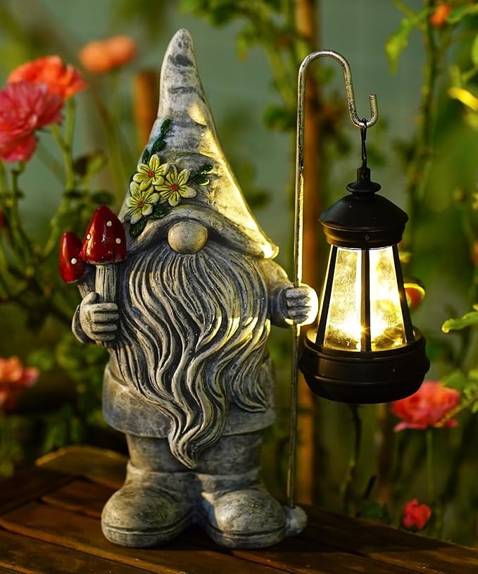 Solar Gnome Statue for Outdoor Decor: Outside Garden Sculpture for Yard Lawn Balcony Patio Porch- Birthday Gifts for Mom Women Grandma