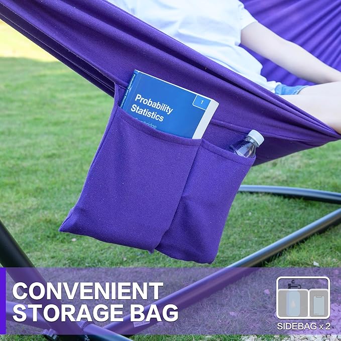 PNAEUT Double Hammocks with Stand for Outside, Portable Space Saving Heavy-Duty Steel Stand for Indoor Outdoor Patio with Carrying Bag, 450 lbs Capacity (Purple)