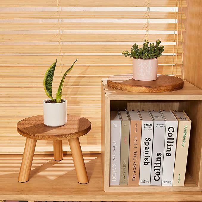 Yanbaga 2 Pack Wood Plant Stand Indoor,11-12" Mid Century Modern Plant Stand Holder with Growth Ring,Plant Stool Display Stand for Flower Pots ,Outdoor, Garden,Patio