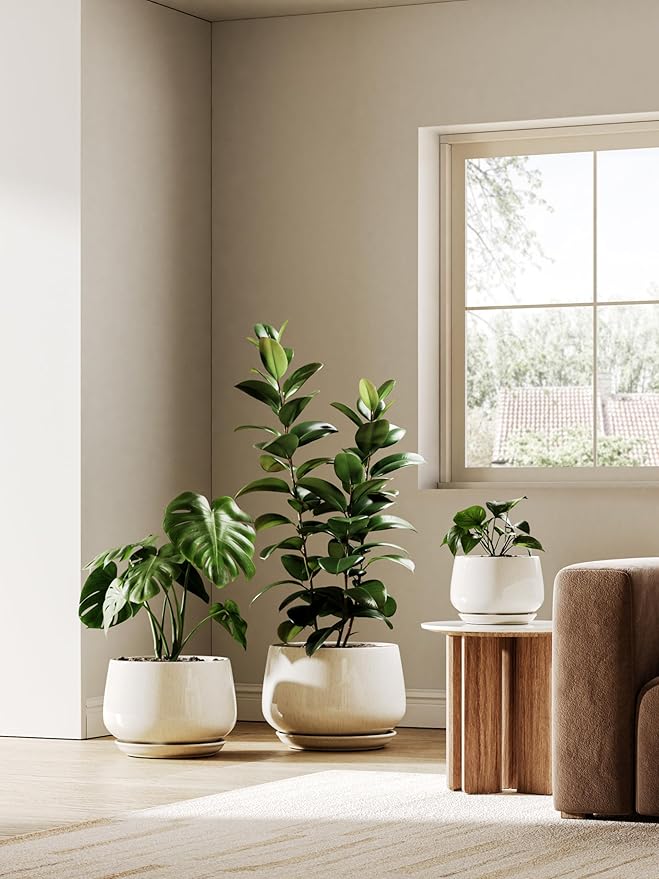 LE TAUCI Ceramic Plant Pots, Set of 2, 10 Inch 12 Inch Planters for Indoor Plants, Elegant Decorative Flower Pot, Sturdy Large Planter with Drainage Tray, Suitable for Porch, Reactive Glaze Beige