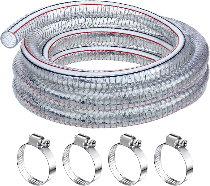Frienda Heavy Duty Steel Wire Flexible Tubing with Fasteners PVC High Pressure Drain Hose Tube Pond Tubing Clear Wire Reinforced for Pond Bilge Pump Vacuum Suction Hose(6.6 Ft, 3/4 Inch Id)