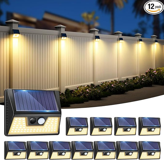 12 Pack Solar Fence Lights, Motion Sensor Deck & Wall Lights - Warm White LED, Wireless, Waterproof, Outdoor for Yard, Steps & Garden - Black