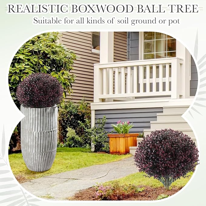 Yunlly 2 Pack 18" Artificial Boxwood Ball Bush Topiary Trees Fake Outdoor Plants, Realistic UV Resistance Faux Shrubs with Spike Greenery Topiary for Front Porch Garden Yard Patio Indoor (Dark Purple)