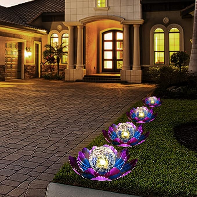 Solar Lotus Flower Light Outdoor Decorations,Solar Powered Outdoor Garden Decorative,Garden Decor Birthday Gift for Women Mom Grandma Decor Light,Waterproof Metal Lotus Yard Outside Decoration