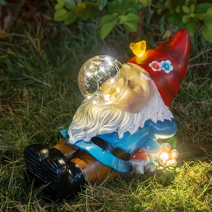 Solar Garden Statue Gnome Figurine Lights, Funny Sleepy Gnomes Dreaming, Outdoor Garden Decorations for Patio Porch，Gifts for Women Mum