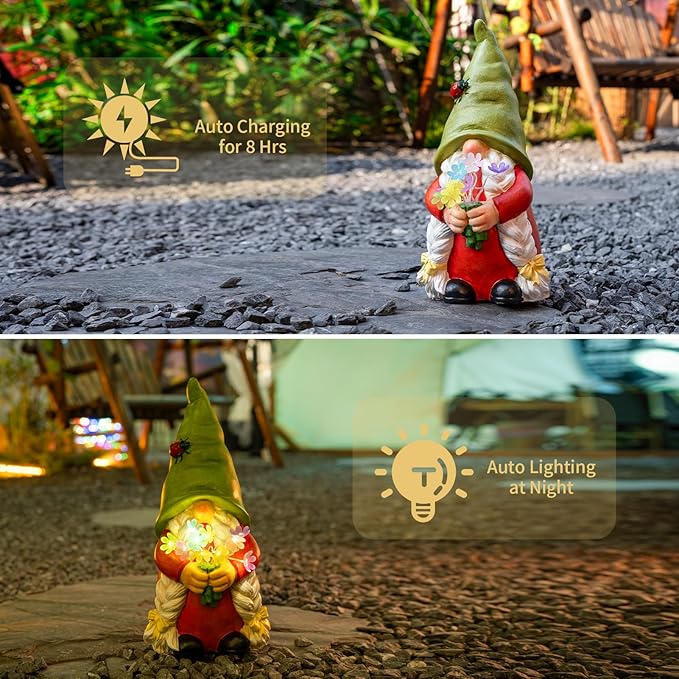 Solar Garden Gnome Lady Statues Outdoor Gnomes with Flowers Lights Porch Patio Lawn Yard Decoration - Ideal Christamas Gardening Birthday Gifts for Woman Mom