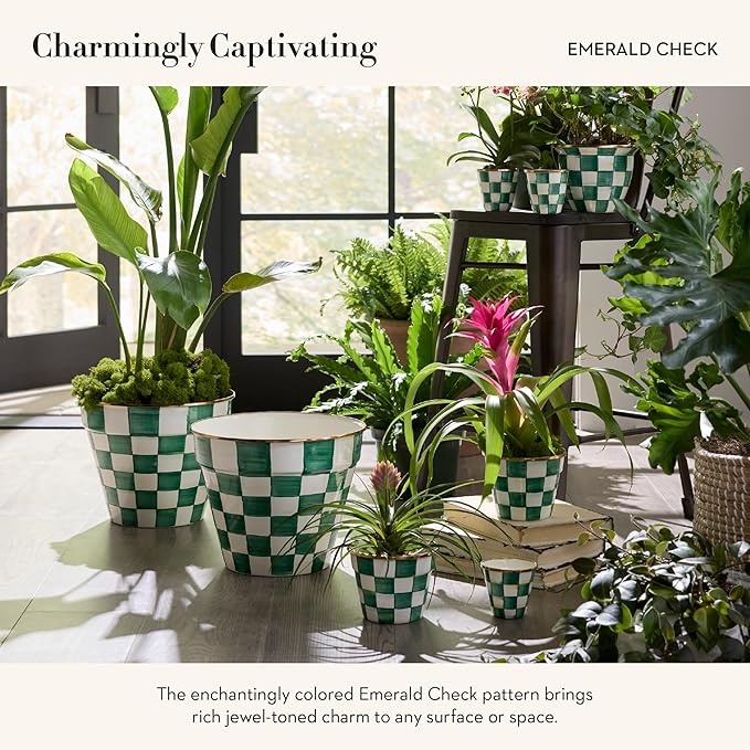 MACKENZIE-CHILDS Flowerpot, Decorative Garden Pot for Growing Plants, Green-and-White Emerald Check