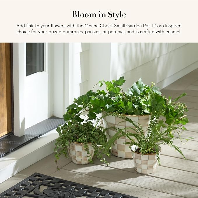 MACKENZIE-CHILDS Enamel Garden Pot, Decorative Pot for Plants, Outdoor Flowerpot Decor, Small, Brown-and-White Mocha Check