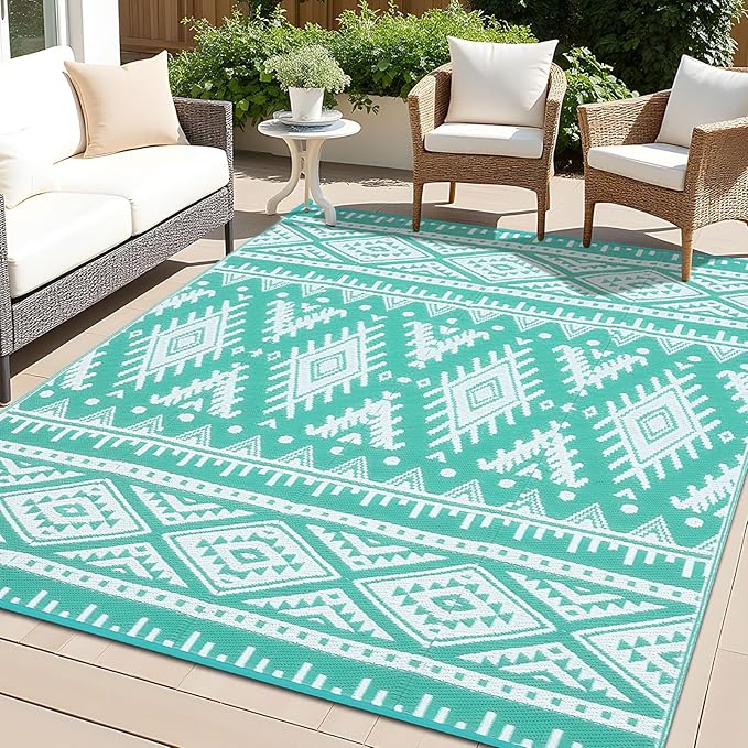 OLANLY Outdoor Rug Waterproof 8x10 ft, Reversible Outdoor Plastic Straw Rug, Boho Patio Rug, Indoor Outdoor Carpet, RV Mat Outside for Patio, Camp, Picnic, Balcony, Deck, Backyard, Turquoise & White