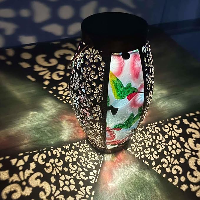 Hummingbird Solar Lanterns Glass & Metal Hanging Lantern Outdoor Waterproof 16" H Tabletop Light with Hollowed-Out Design for Garden Patio Table Decor Mother's Day Gift