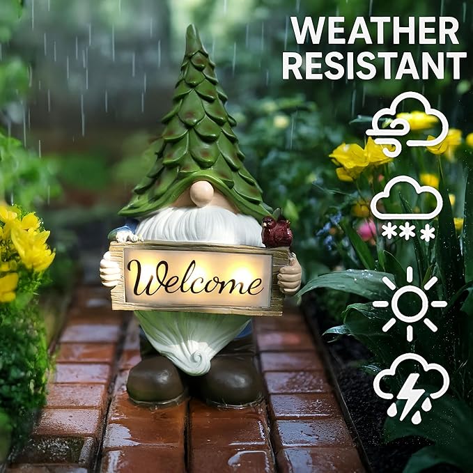 Garden Gnome Statue with Solar Lights, 13.5” Welcome Sign Gnome Outdoor Decor for Yard Lawn Patio, Funny Resin Gnome Sculptures, Gifts for Women Mom Grandma,Garden Decor Ornament