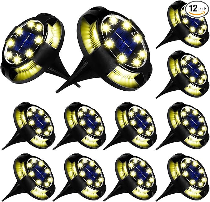 Solar Ground Lights Outdoor 12 Packs 12 LED Disk Lights Solar Powered Waterproof New In-ground Lights For Garden Deck Stair Step Lawn Patio Driveway Walkway Pathway Yard decoration(Warm Light,12Pack)