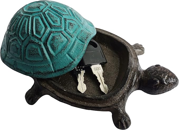 BSTGIFTS Cast Iron Turtle Key Hider - Spare Key Holder - Garden Decoration Turtle, Jewelry Trinkets Box for Key, Ear Studs, Ring, Paper Clip (Antique Blue)