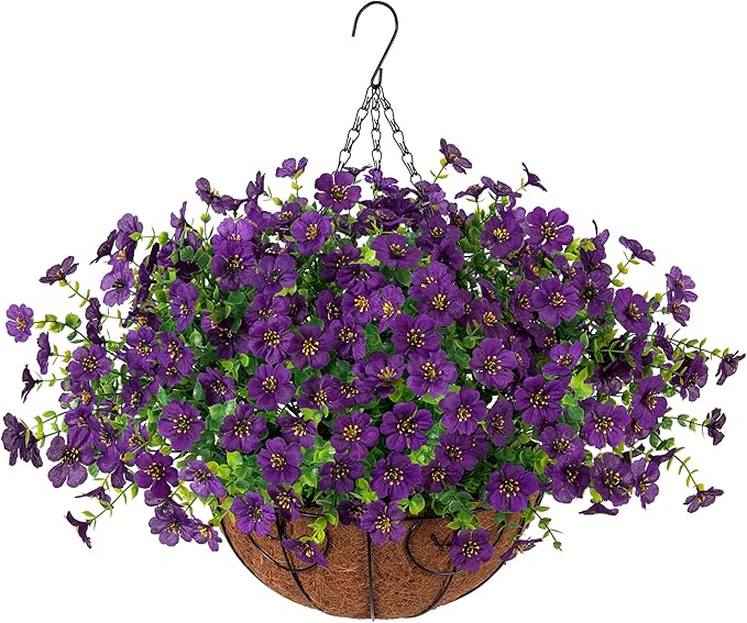 Artificial Fake Hanging Plants Flowers with Basket Outdoor Decor Faux Silk Dasiy Flower Arrangements in Pot Planter for Porch Home Indoor Patio Garden Yard Decoration