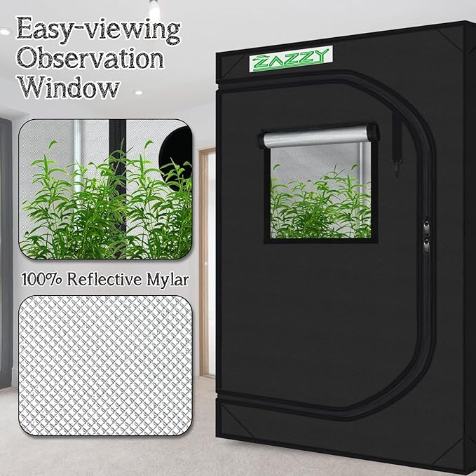zazzy Indoor Grow Tent, 36"x60"x78" Mylar Hydroponic Plant Growing Tent with Observation Window and Waterproof Floor Tray for Plants Indoor