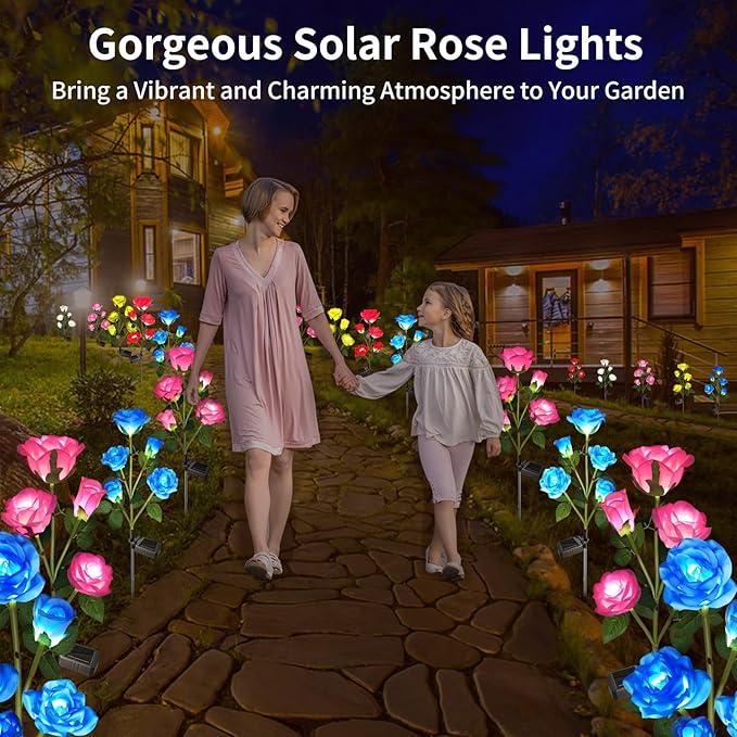 Solar Garden Lights, Solar Outdoor Lights with More Realistic 20 Rose Waterproof Solar Powered Flowers Lights for Outside Patio Yard Pathway Decorations, Blue and Pink
