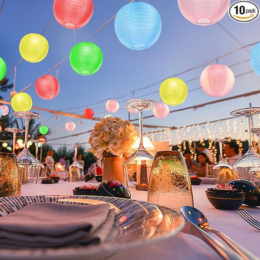 KNONEW 10 Pack Multicolor Outdoor Silk Lanterns Decorative, 10inch Waterprooof Outside Indoor Chinese Hanging Round Lanterns for Weddings, Birthdays, Parties Decoration (Mixed Color)