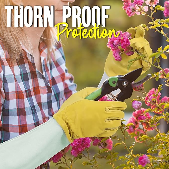 HANDLANDY Rose Gloves for Men & Women, Long Leather Gardening Gloves Thorn Proof, Best Garden Gifts & Tools for Gardener (Yellow-beige, Medium (Pack of 1))