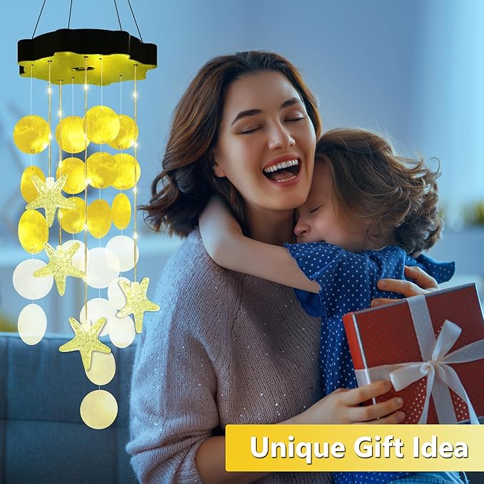 Solar Wind Chimes for Outside, Yellow Shell Gifts for Mom Grandma Women, Waterproof Solar Outdoor Decorative Mobile Lights for Garden, Yard, Patio, Window, Party, Outdoor Decorations