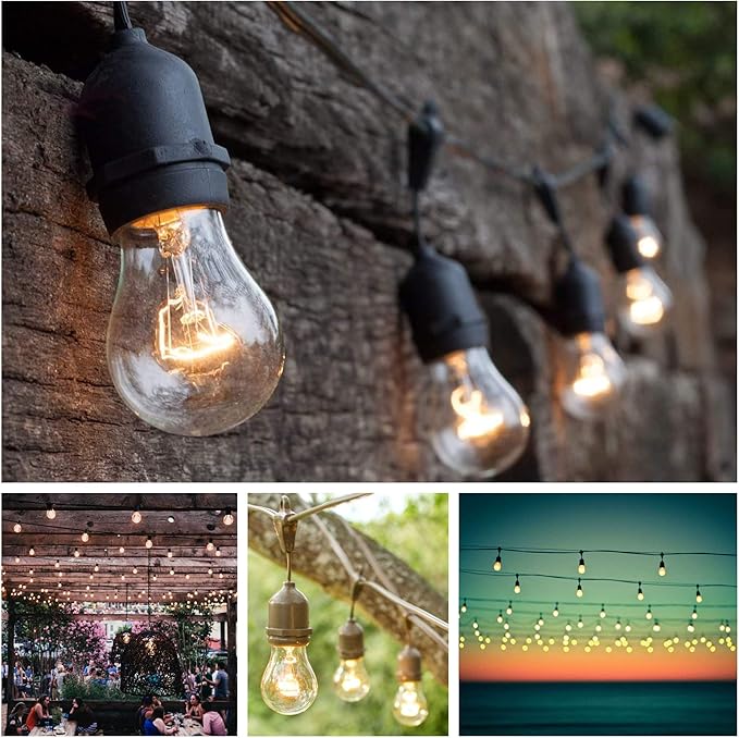 Hometown Evolution, Inc. 50 Foot E26 Outdoor Commercial String Lights with Suspended Socket for Weatherproof Heavy Duty Vintage Outside Lighting - Set of 25 A15 Clear Bulbs