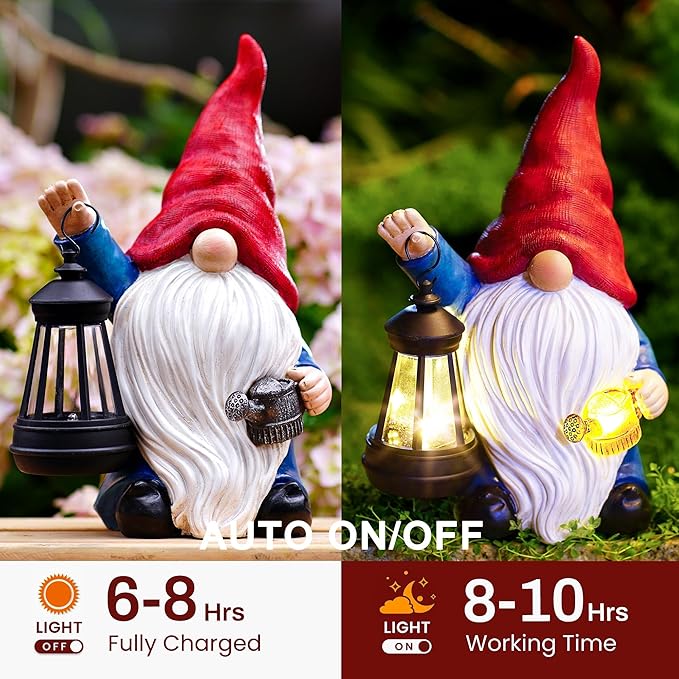 Solar Garden Gnome Christmas Gnome Outdoor Statues Garden Decor Resin Birthday Gifts for Women Mom Art for Yard Porch Patio Lawn Yard with Watering Can Lights Lantern