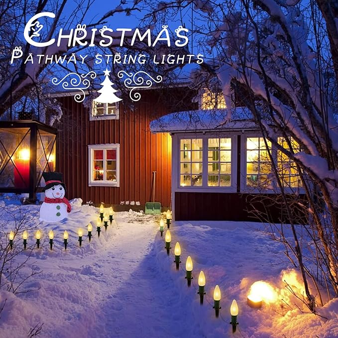 C9 Christmas Pathway Lights Outdoor, 25.7 Feet 20 LED C9 Strawberry Walkway Lights with Marker Stakes, Connectable Shatterproof C9 String Lights for Lane Outside Yard Decorations, Warm White, 2 Pack