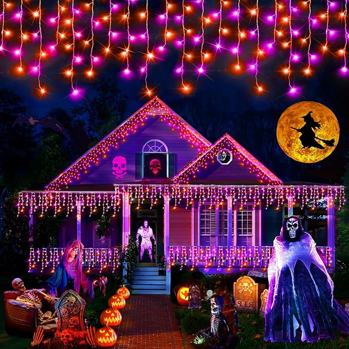 Hezbjiti 400LED Halloween Lights Purple Orange Icicle Lights 32.8FT Halloween String Lights Outdoor Decoration 8 Modes 75 Drops Fairy Lights for Eaves Party Yard Garden Halloween Decor