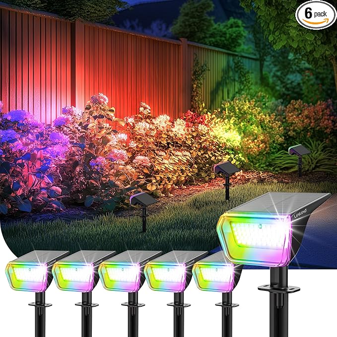 Linkind Solar Lights Outdoor, 50 LEDs Color Changing Spotlights, Solar RGB Light with 10 Lighting Modes and IP67 Waterproof, Multicolor Outdoor Lighting for Yard, Garden, Landscape Decorations, 6Pack