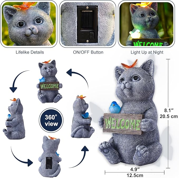 Solar Cat Figurine Garden Statues : Outside Welcome Cat Statue with Butterfly for Garden Decor and Yard Decorations - Unique Gifts for Women and Mom