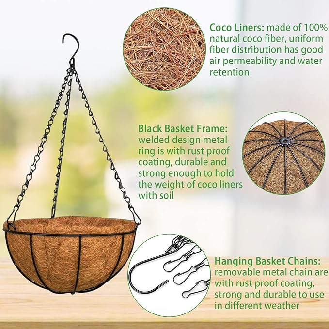 ZeeDix 6 Pack 14 Inch Metal Round Hanging Planter Basket with Coconut Liners Replacement, Hanging planters Baskets with Natural Coco Liner for Outdoor Indoor Planters Flowers Vegetables