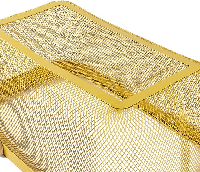 Portable Mesh Harvest Basket - Natural Bamboo Handle Foldable Organizer for Kitchen, Garden & Picnic | Ventilated Storage Bin with Rust-Proof Wire, Space-Saving Farmhouse Decor (Lemon Yellow)