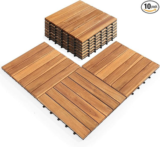 Pack of 10 Deck Tiles - 12"x12" Interlocking Natural Solid Acacia Wood for Outdoor & Indoor, Patio Garden, Balcony, Poolside - Teak Color