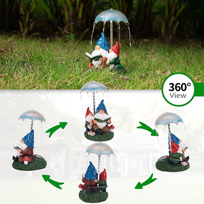 mopha Garden Gnomes Statues Outdoor Decor Gifts, Resin Figurines Outside Decoration Ornaments Clearance Gardening Decoration, Solar Powered Umbrella Fireworks Lights