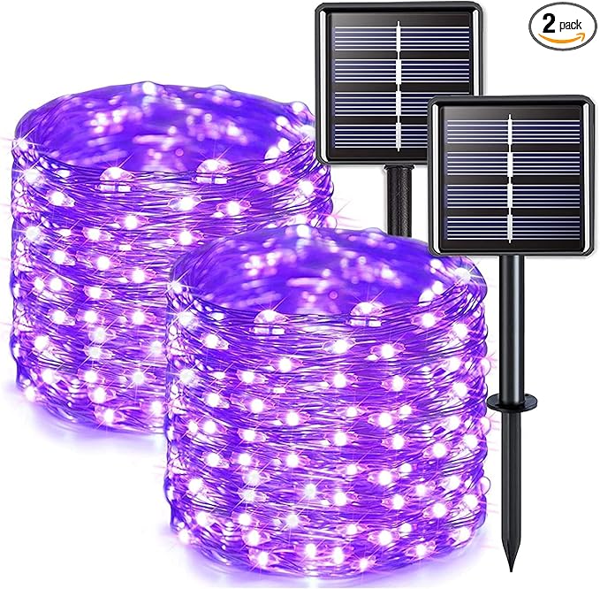 JMEXSUSS 2 Pack Purple Solar Christmas Lights, 33ft 100 LED Purple Solar Lights Outdoor, Waterproof 8 Modes Purple Fairy Lights for Outside Tree Garden Patio Christmas Halloween Decorations
