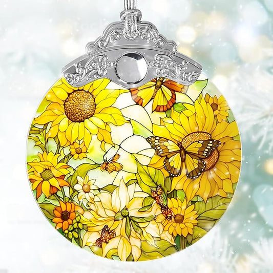 Stained Glass Suncatcher, Jocidea Sunflower and Butterfly Decor, Christmas Ornament, Holidays Ornaments, Christmas Tree Ornament, Sunflower and Butterfly Gifts