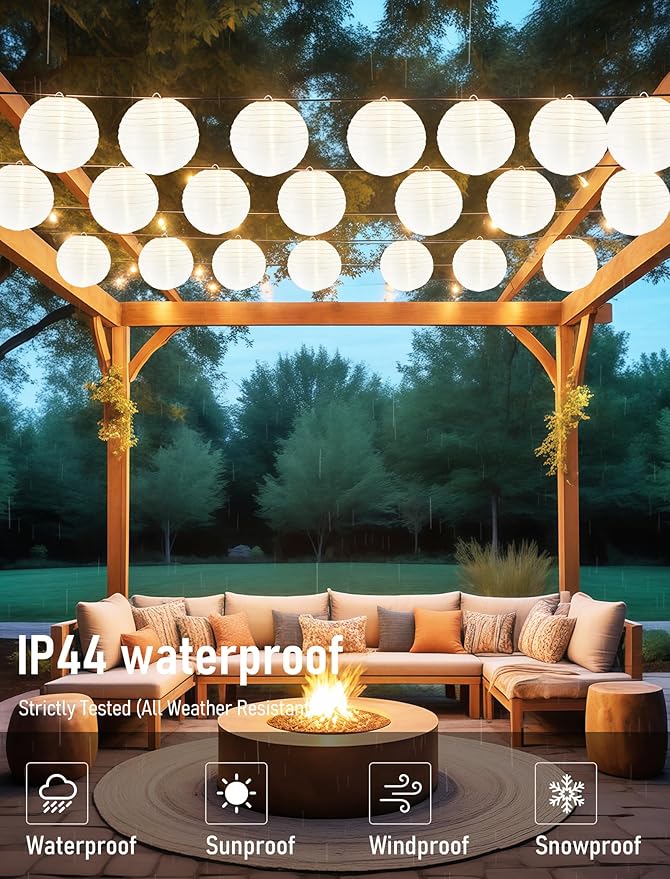 Lantern String Lights Outdoor, 27.5FT White Lantern String Lights Plug in with 10 Nylon Lanterns and G40 LED Bulbs, Hanging Light Strings Waterproof for Indoor Bedroom Outdoor Patio Wedding Party