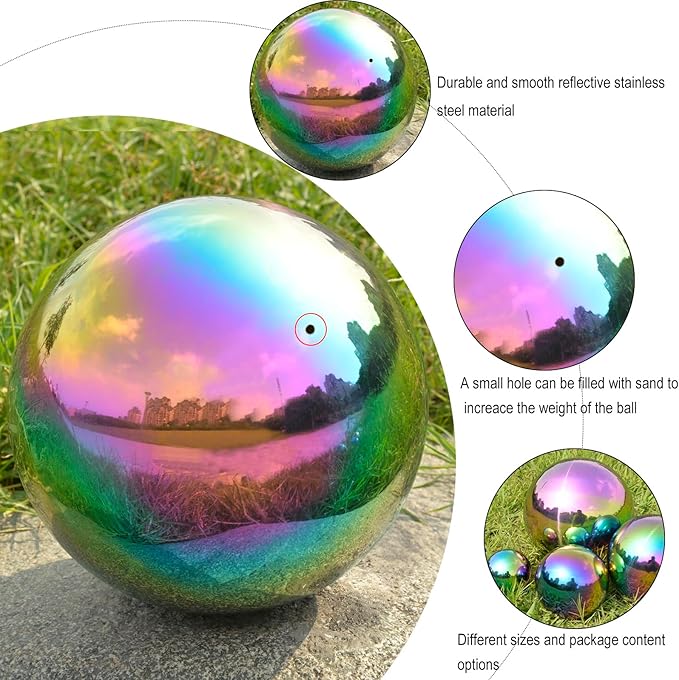 Nerien Gazing Ball, 3.9" Stainless Steel Garden Mirror Globe, Polished Ornament Sphere, Hollow Floating Reflective Hemisphere, Home Outdoor Pond Housewarming Swimming Pool Decoration, Rainbow, 2pcs